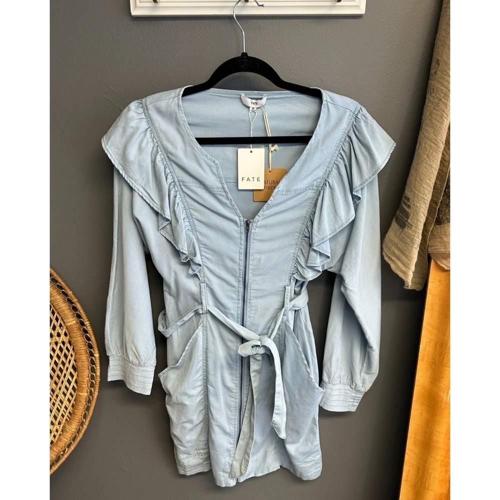 Fate Womens Size M Ruffle Denim Full Zip Blue Chambray Lightweight Jacket NWT